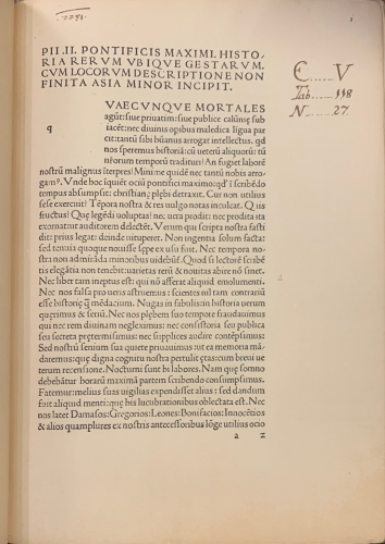 Portada de Historia Rerum Ubique Gestarum - Papa Pio II. Eneas Silvio Picco