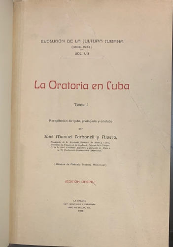 Portada de La Oratoria en Cuba - Jose Manuel Carbonell y Rivero