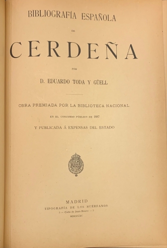 Portada de Bibliografia Espa�ola de Cerde�a - Eduardo Toda y G�ell