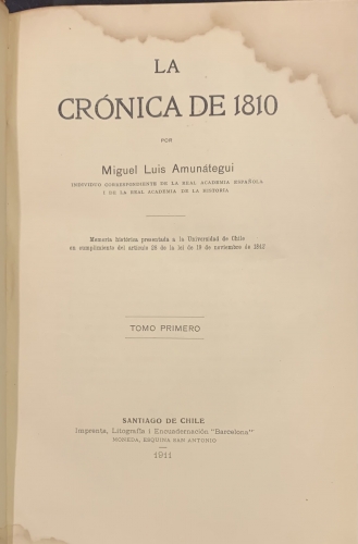 Portada de La Cr�nica de 1810 (Chile) - Miguel Luis Amunategui