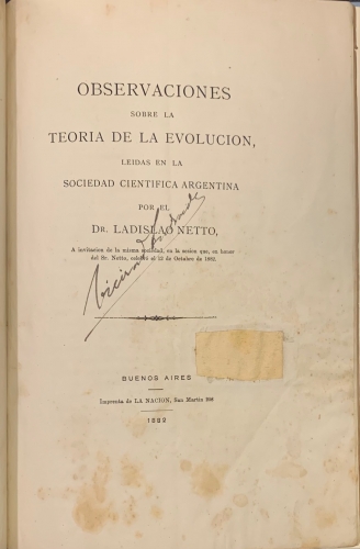 Portada de Observaciones de la Teoria de la Evoluci�n leidas en la Sociedad Cientifica Argentina por el Dr. Ladislao Netto - Ladislao Netto