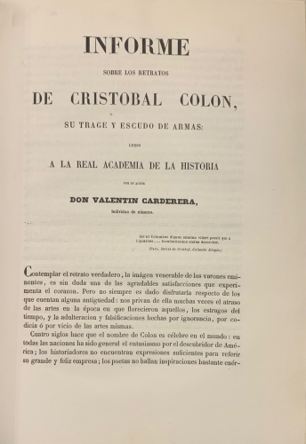 Portada de Informe sobre los retratos de Cristobal Colon, su trage y escudo de armas. - Valentin Carderera