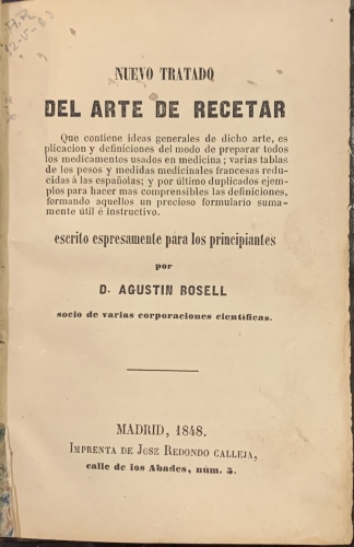 Portada de Nuevo Tratado del Arte de Recetar - Agustin Rosell