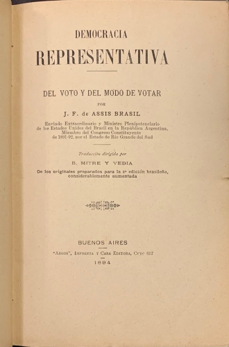 Portada de Democracia Representativa del voto y del modo de votar - J. F. de Assis Brasil