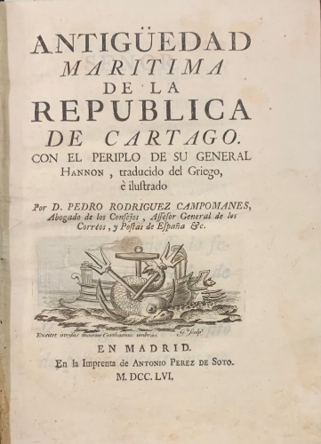 Portada de Antig�edad Maritima de la Republica de Cartago con el Periplo de su General Hannon - Pedro Rodriguez Campomanes