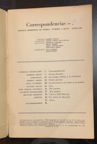 Portada de Correspondencias. Revista Bimentral de Poesia. N� 1. Mayo-Junio 1966