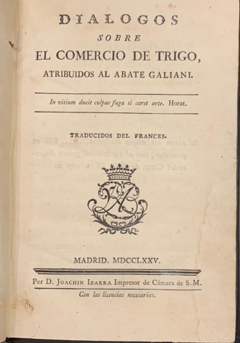 Portada de Dialogos sobre el Comercio de Trigo - Abate Galiani