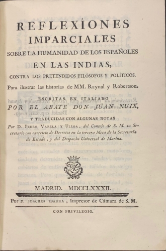 Portada de Reflexiones Imparciales sobre la humanidad de los espa�oles en las Indias contra los pretendidos fil�sofos y pol�ticos - Juan Nuix