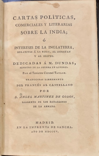 Portada de Cartas Pol�ticas, Comerciales y Literarias sobre la India, � Intereses de la Inglaterra, relativos a la Rusia, al Indostan y al Egipto - Teniente Coronel Taylor