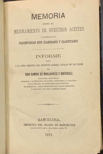 Portada de Memoria sobre el Mejoramiento de nuestros aceites y necesidad de presentarlos bien elaborados y clarificados.  - Ramon de Manjarres y Bofarull