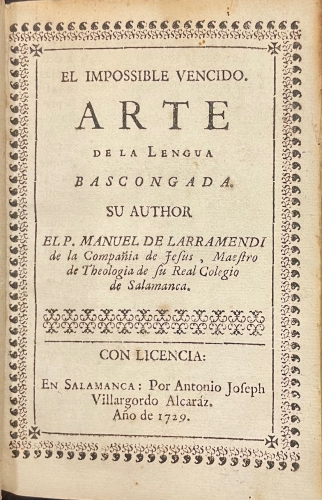 Portada de El Imposible Vencido. Arte de la Lengua Bascongada - Manuel de Larramendi