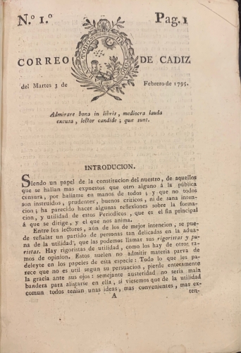 Portada de Correo de Cadiz. Postillon del Correo de Cadiz. Diario de Cadiz. 1795-1796. 