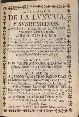 Portada de Estragos de la Luxuria, y sus Remedios conforme a las divinas escrituras y sus Santos Padres de la Iglesia - Antonio Arbiol