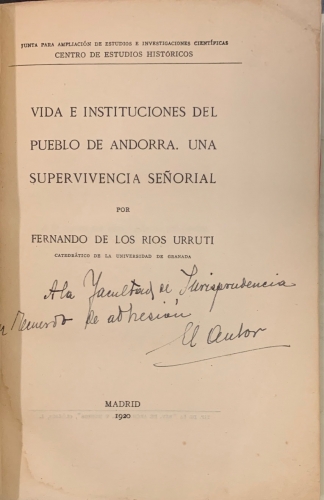 Portada de Vida e Instituciones del Pueblo de Andorra. Una supervivencia se�orial - Fernando de los Rios Urruti
