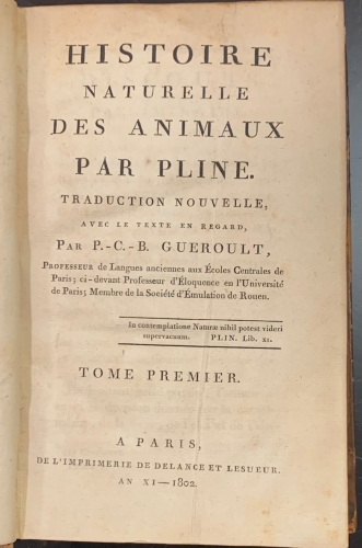 Portada de Histoire Naturelle des Animaux  - Pline. Plinio