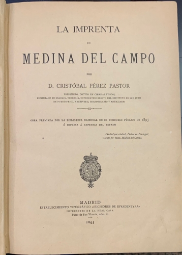 Portada de La Imprenta en Medina del Campo - Cristobal P�rez Pastor