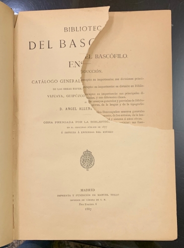 Portada de Ensayo de un Cat�logo General, Sistem�tico y Cr�tico de las Obras Referentes de Vizcaya, Guipuzcoa, Alava y Navarra - Angel Allende Salazar