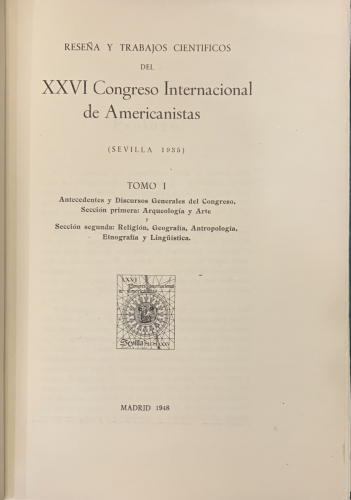Portada de Trabajos Cientificos del XXVI Congreso Internacional de Americanistas. (Sevilla 1935)