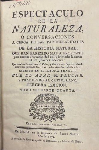 Portada de Espectaculo de la Naturaleza. Tomo VIII. Parte Quarta - Abad M. Pluche