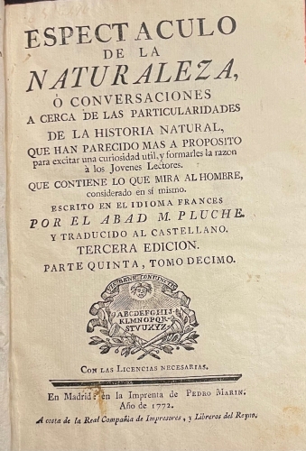 Portada de Espectaculo de la Naturaleza. Parte quinta. Tomo X. - Abad M. Pluch�