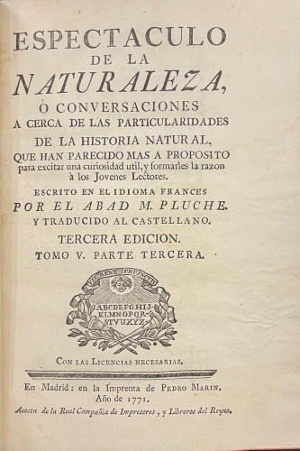 Portada de Espectaculo de la Naturaleza. Tomo V. Parte Tercera - Abad M. Pluch�