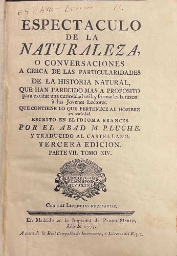 Portada de Espectaculo de la Naturaleza. Parte VII, Tomo XIV - Abad M. Pluch�