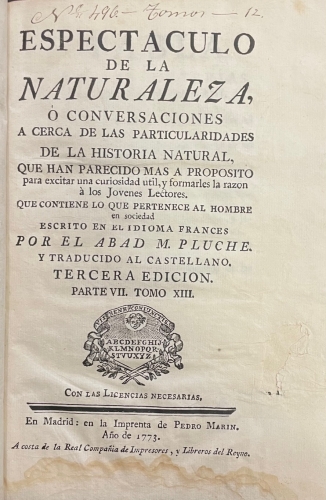 Portada de Espectaculo de la Naturaleza. Parte VII, Tomo XIII - Abad M. Pluch�