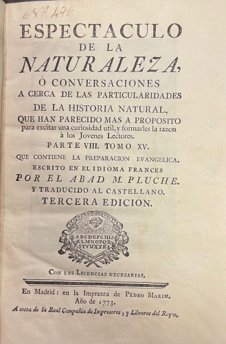 Portada de Espectaculo de la Naturaleza. Parte VIII, Tomo XV - Abad M. Pluch�