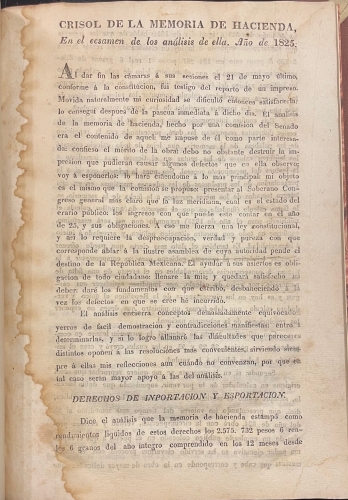 Portada de Crisol de la Memoria de Hacienda en el examen de los an�lisis de ella. M�xico. 1825 - Jose Ignacio Esteva