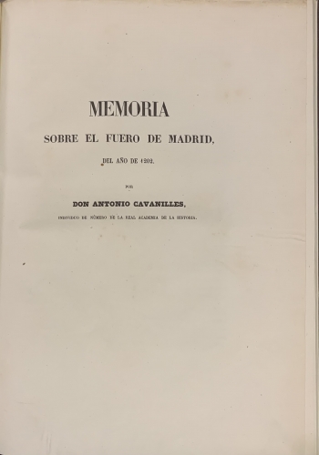 Portada de Memoria sobre el fuero de Madrid del a�o de 1202 - Antonio Cavanilles