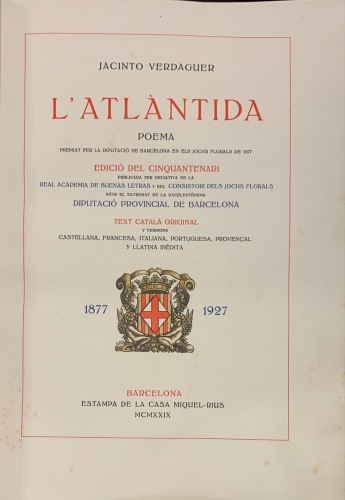 Portada de L' Atlantida. Poema - Jacinto Verdaguer