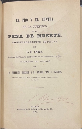 Portada de El Pro y el Contra en la Cuesti�n de la Pena de Muerte - C. F. Gabba