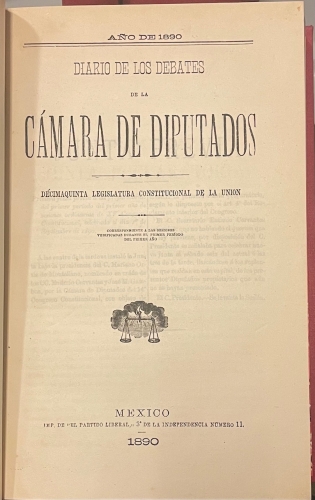 Portada de Diario de los Debates de la Camara de Diputados. 15� Legislatura Constitucional de la Uni�n. M�xico. 1890-1892 - Alberto del Frago