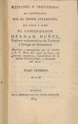 Portada de Refranes o Proverbios en castellano que junt� y glos� el Comendador Hernan Nu�ez - Hernan Nu�ez