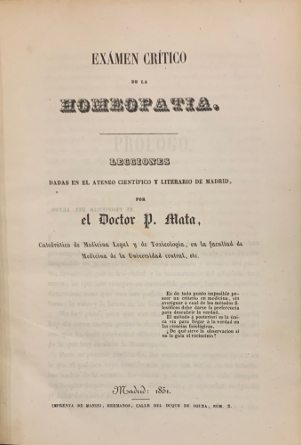 Portada de Examen Cr�tico de la Homeopatia - Pedro Mata