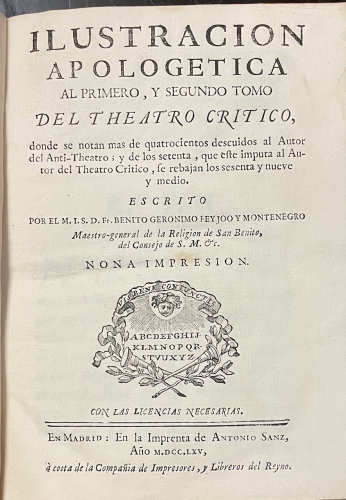 Portada de Ilustracion Apologetica al Primer y Segundo tomo del Theatro Critico. Justa Repulsa de Iniquas Acusaciones - Benito Geronimo Feyjoo y Montenegro