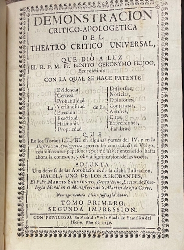 Portada de Demostraci�n Critico-Apologetica del Theatro Critico Universal - Benito Geronymo Feijoo