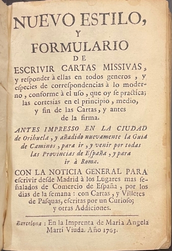 Portada de Nuevo Estilo, y Formulario de Escribir Cartas Missivas