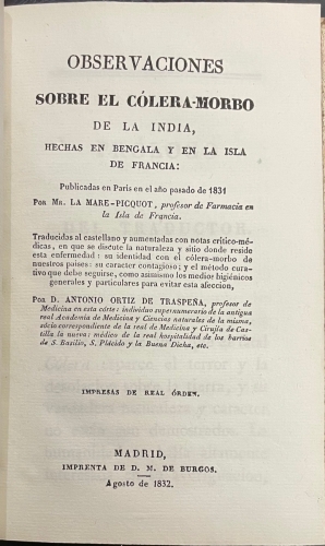 Portada de Memoria sobre un nuevo metodo curativo del Colera-Morbo (Mordechi De La India) y De Las Afecciones Tifoideas/ Observaciones Sobre el C�lera-morbo De La India Hechas En Bengala y En La Isla De Francia - Doctor Ranque / La Mare-Picquot