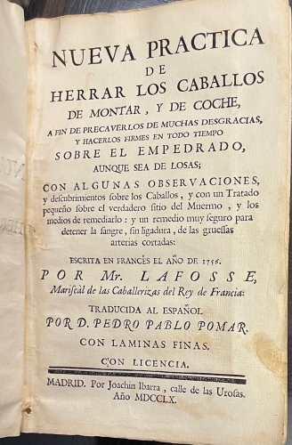 Portada de Nueva Pr�ctica de Herrar los Caballos de montar y de coche - Lafosse