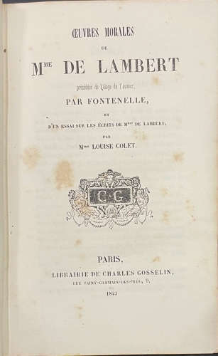 Portada de Oeuvres Morales De Mme De Lambert. - Lambert