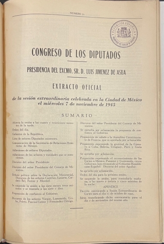 Portada de Cortes Republicanas en M�xico 1945. Congreso de los Diputados, 7-8-9 de Noviembre de 1945