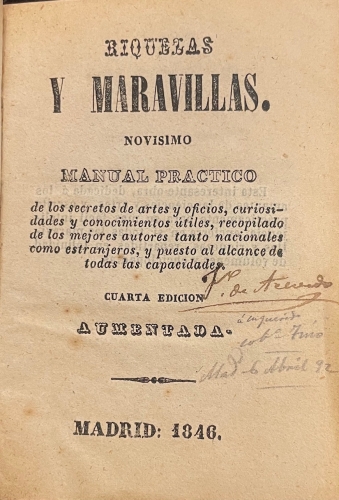Portada de Riquezas y Maravillas. Novisimo manual pr�ctico de los secretos de artes y oficios/ Arte de fabricar Barnices y Charoles