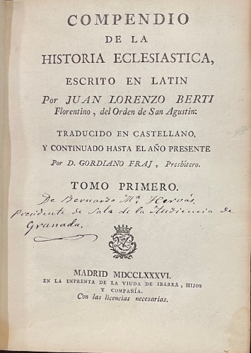 Portada de Compendio de la Historia Eclesi�stica - Juan Lorenzo Berti