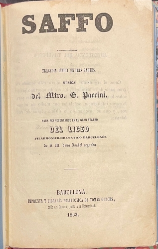Portada de Saffo. Traged�a l�rica en tres partes - Paccini