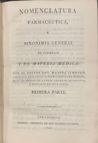 Portada de Nomenclatura Farmac�utica y Sinonimia General de Farmacia y de Materia M�dica - Doctor Manuel Jimenez