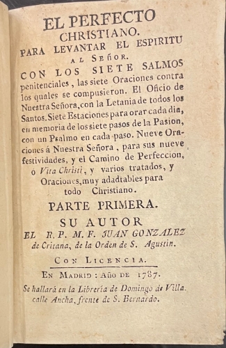 Portada de El Perfecto Christiano. - R.P.M.F Juan Gonzalez De Critana