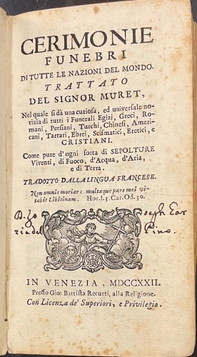 Portada de Cerimonie Funebri di tutte le nazioni del mondo. Nel quale si da una curiosa, ed universale notizia di tutti i funerali Egizi, Greci, Romani, Persiani, Turchi, Chinesi, Americani, Tartesi, Ebrei, Scismatici, Eretici e Cristiani - Muret