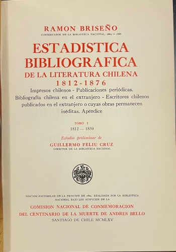 Portada de Estad�stica Bibliogr�fica de la Literatura Chilena 1812-1876 - Ram�n Brise�o