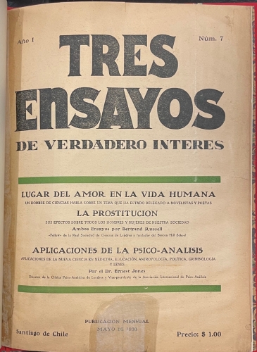 Portada de Tres Ensayos de Verdadero Inter�s. A�o I, n� 7. 1930. Lugar del Amor en la vida humana. La Prostituci�n. Aplicaciones de la Psico-Analisis - Bertrand Russell. Ernest Jones